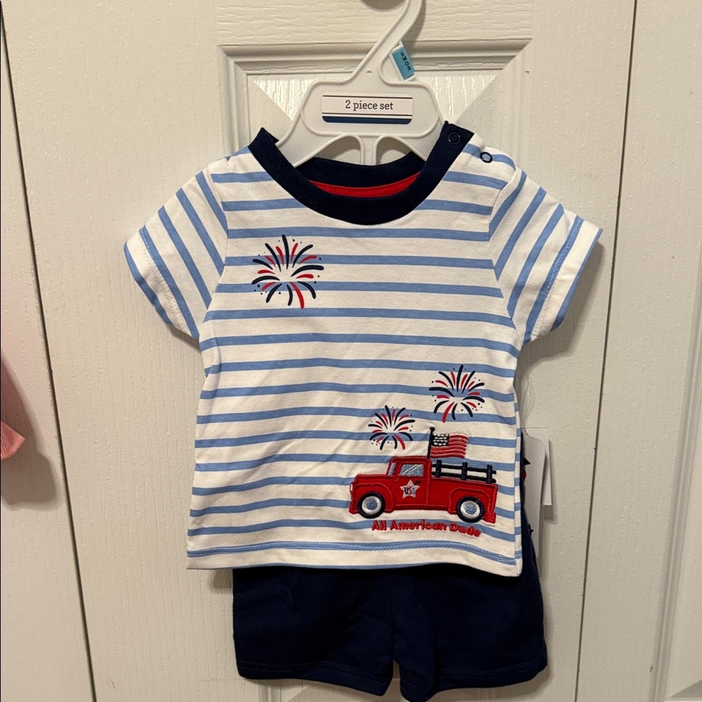 Baby Starters Blue and White Striped Outfit with Red Truck